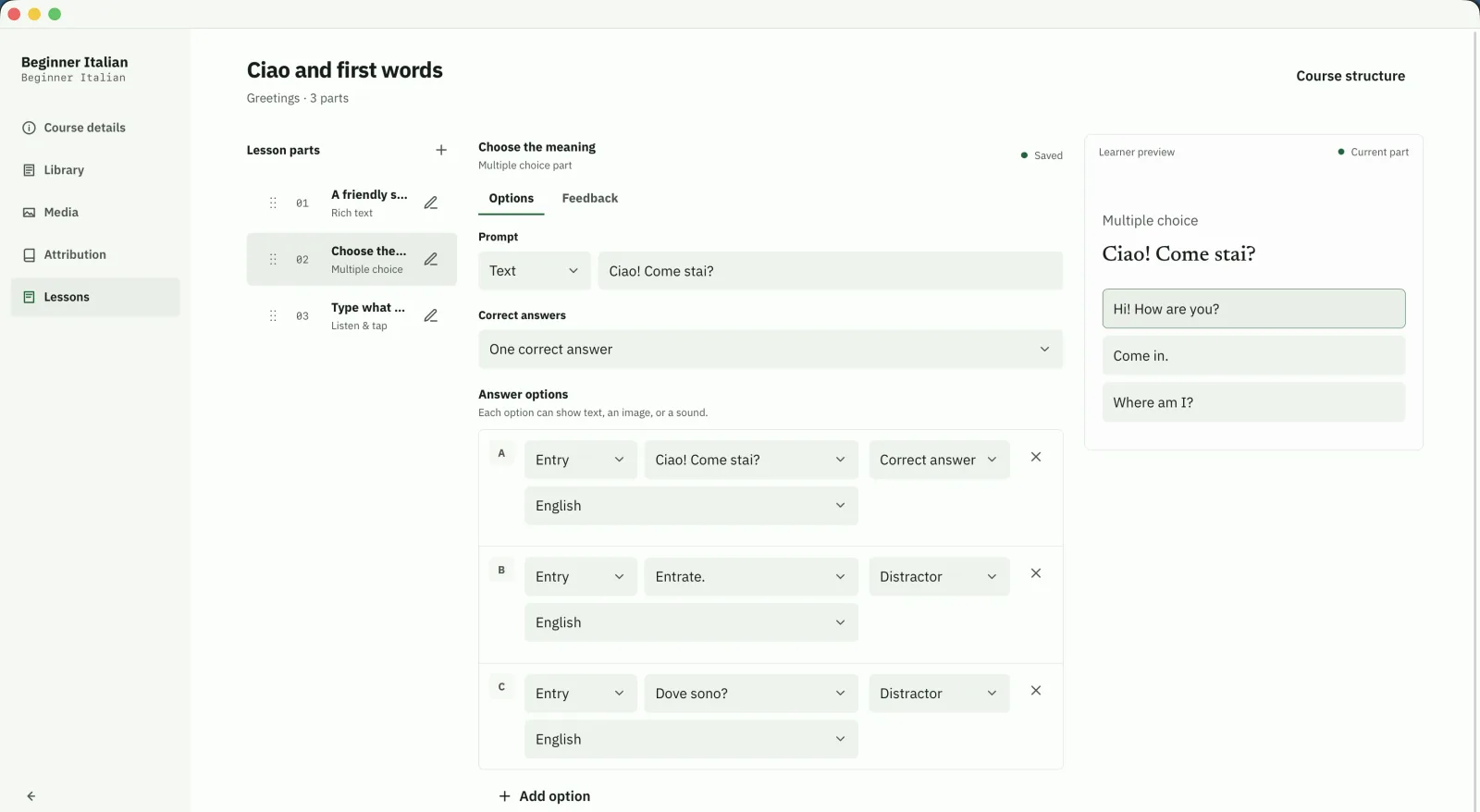 A multiple choice exercise being edited in Asakiri Studio with answer options and a preview.