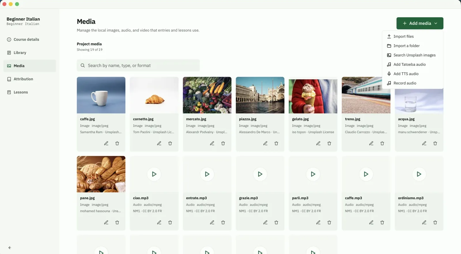 The Asakiri Studio media library with photos and audio clips and an add media menu open.